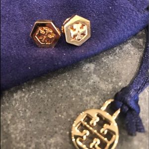 Gold Tory Burch hexagon logo earrings